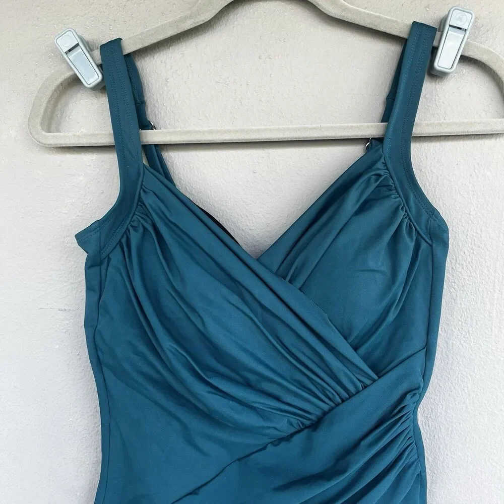 Miraclesuit One Piece Swimsuit 10 Teal Crossover Tummy Control Slimming Beach